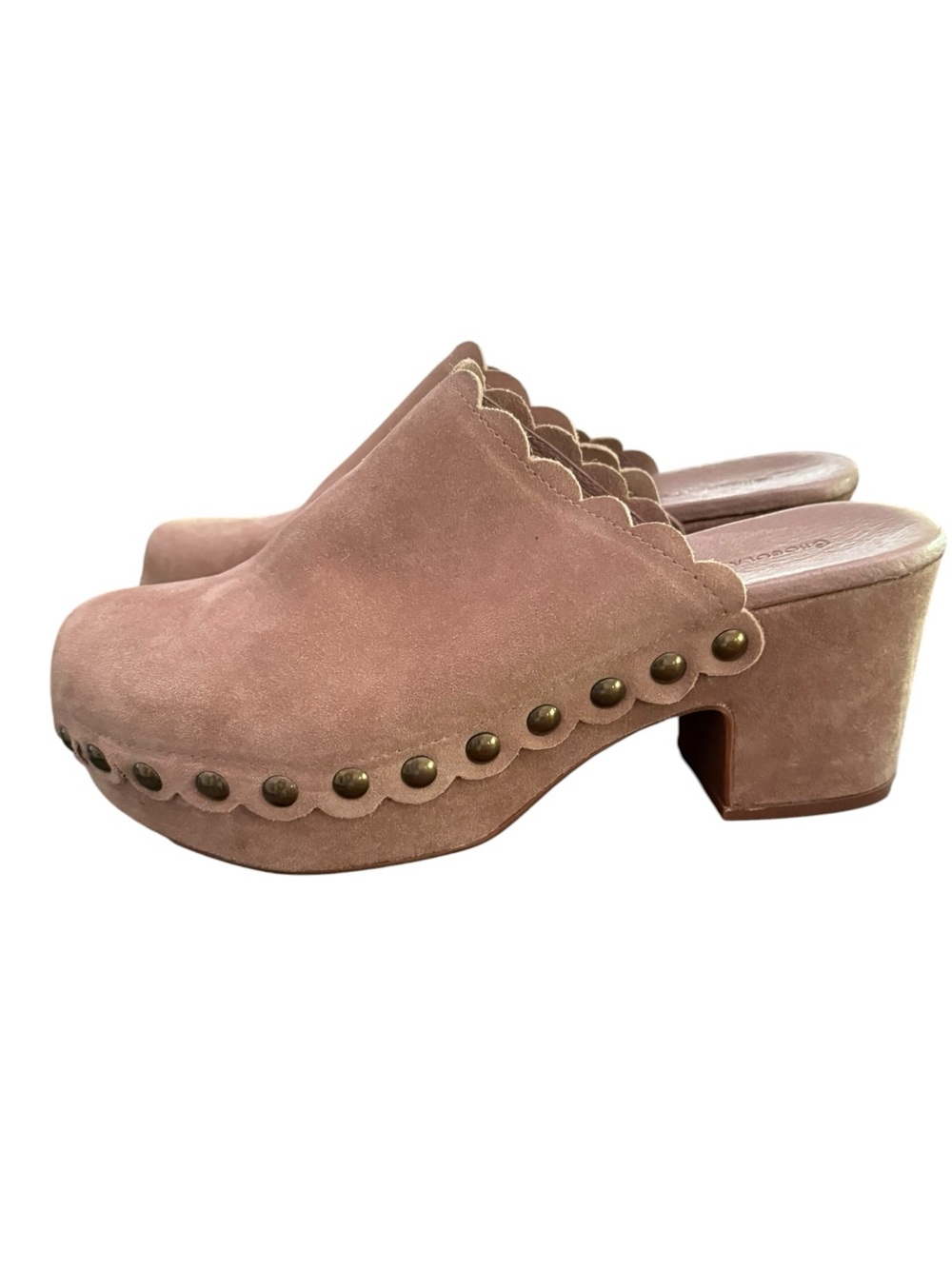Chocolat Blu Gemini Studded Latte Suede Leather Clogs Scalloped Sz 10